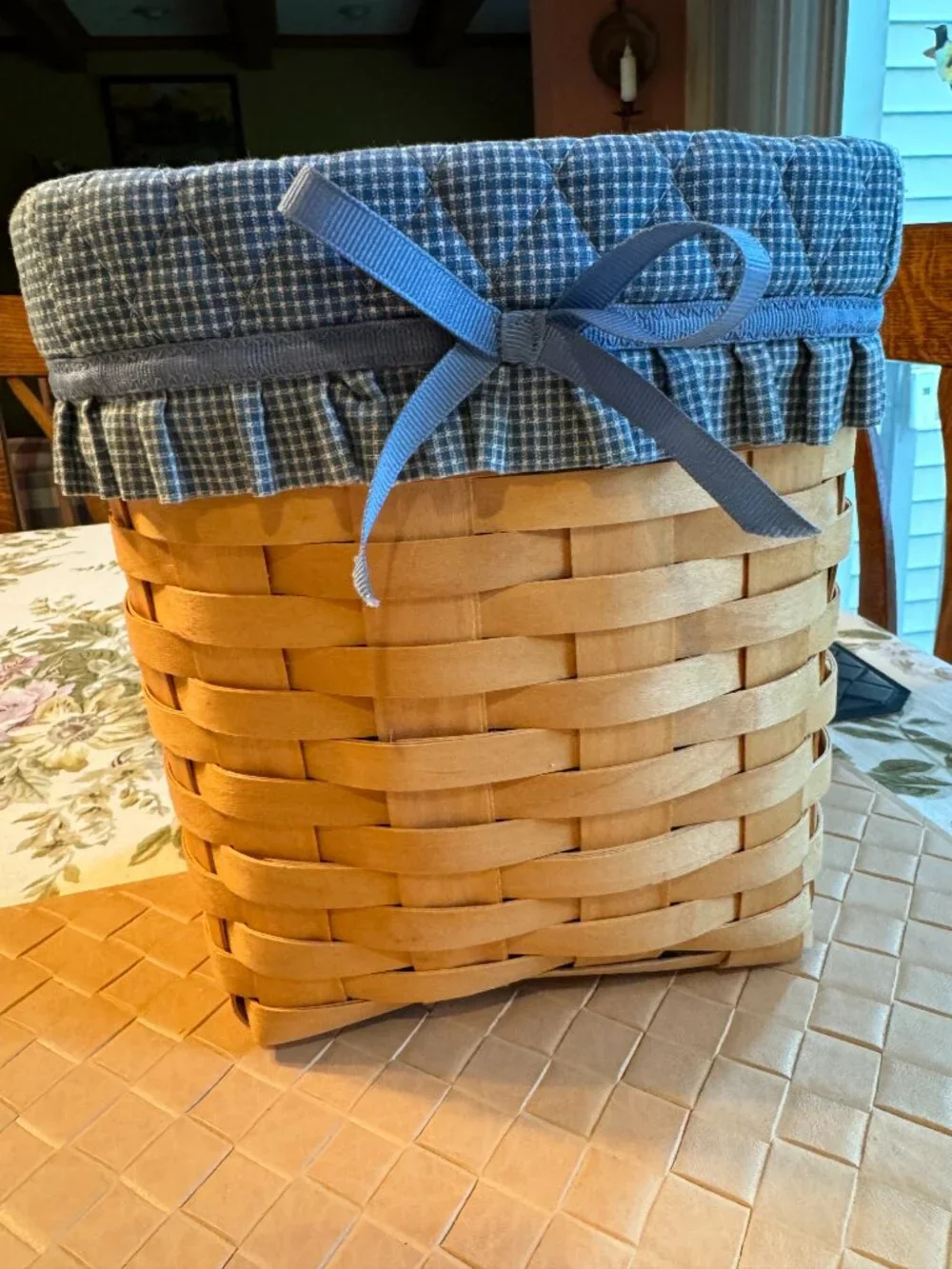 Royce Craft Basket Handwoven Wood with Plaid Lining 7 3/4